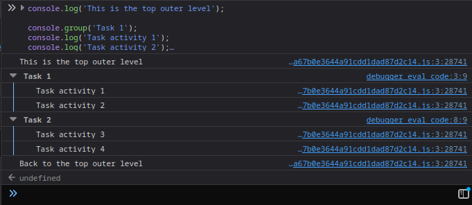 console.group() output