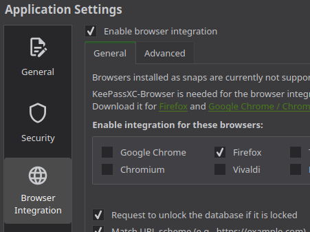 Browser integration settings screenshot