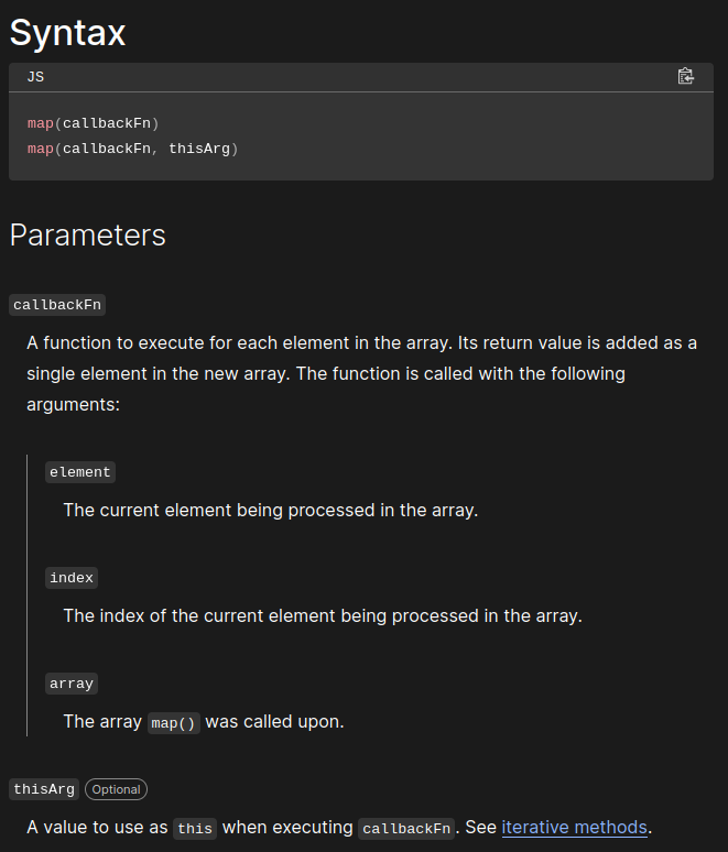 Screenshot of map() documentation
